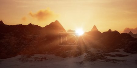 Photo for Colorful Mountain Landscape covered in fog snow. Cloudy Sunset Sky. Nature Background. 3d Rendering Art. 3D Illustration - Royalty Free Image