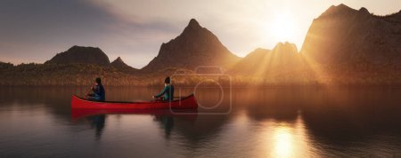 Foto de Un par de aventureros en canoa roja remando en aguas tranquilas. Atmósfera soleada y brumosa. 3d renderizado paisaje de montaña. Concepto de deporte de aventura - Imagen libre de derechos