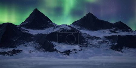 Foto de Rocky Mountain Landscape at night with Stars and Northern Lights in Sky. 3d Rendering Artwork. Aerial Cinematic Animation. - Imagen libre de derechos