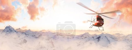 Téléchargez les photos : Hélicoptère survolant les montagnes Rocheuses lors d'un coucher de soleil coloré. Paysage de la Colombie-Britannique, Canada près de Squamish et Whistler. Epic Adventure Composite. Rendu 3D Heli. Illustration 3D. Illustration 3D - en image libre de droit