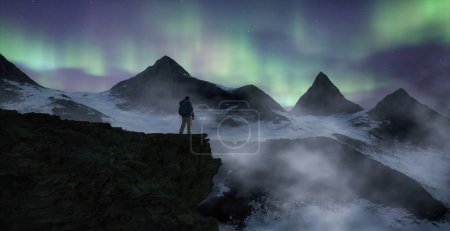 Foto de Hombre Aventura en la cima del paisaje de las Montañas Rocosas. Nature Background. Cielo nublado por la noche con estrellas y luces boreales. Renderizado 3d. - Imagen libre de derechos