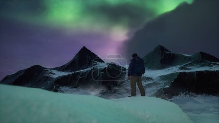 Téléchargez les photos : Adventure Man au sommet du paysage des montagnes Rocheuses. Nature Contexte. Ciel nuageux la nuit avec étoiles et aurores boréales. Rendu 3d. - en image libre de droit