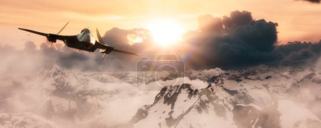 Téléchargez les photos : Avion de chasse militaire survolant les sommets montagneux. 3d Rendering Aircraft. Paysage Aérien de Colombie-Britannique, Canada. - en image libre de droit