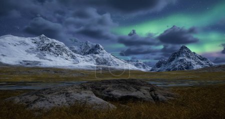 Téléchargez les photos : Rocky Mountain Landscape at night with Stars and Northern Lights in Sky. 3d Rendering Artwork. Aerial Cinematic Animation. - en image libre de droit