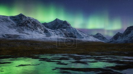 Paisaje de montaña rocosa por la noche con estrellas y auroras boreales en el cielo. Representación 3D Obras de Arte.