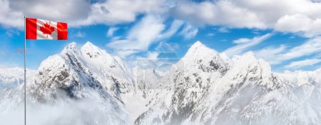 Téléchargez les photos : Vue panoramique aérienne du paysage montagneux canadien avec drapeau national. 3D Rendering Canadian Flag Composite. Contexte de Colombie-Britannique, Canada. - en image libre de droit