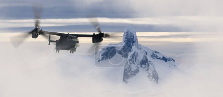 Foto de Helicóptero militar volando sobre los picos de montaña. 3d Rendering Aircraft. Paisaje aéreo de British Columbia, Canada. - Imagen libre de derechos