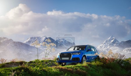 Téléchargez les photos : Colombie-Britannique, Canada - 22 mars 2023 : Audi quattro en plein air avec Canadian Mountain Landscape en arrière-plan. Véhicule de rendu 3d et Rock. Illustration 3d. - en image libre de droit