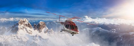 Foto de Helicóptero volando sobre las Montañas Rocosas durante un colorido amanecer. Paisaje aéreo desde BC, Canadá cerca de Squamish. Epic Adventure Composite. Representación 3D Heli - Imagen libre de derechos