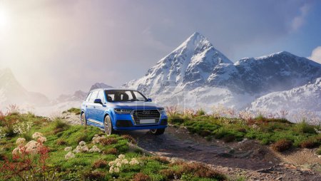 Foto de Columbia Británica, Canadá - 22 de marzo de 2023: Audi quattro al aire libre con paisaje de montaña canadiense en segundo plano. 3d Rendering Vehicle and Rock. Ilustración 3d. - Imagen libre de derechos