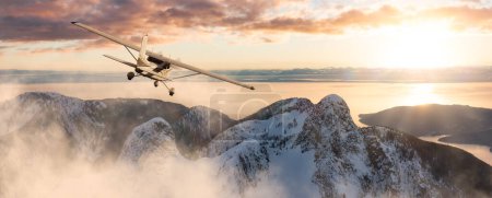Photo for Airplane flying over Canadian Mountain Landscape on West Coast. Adventure Travel Concept. 3d Rendering Plane. Aerial View near Squamish and Vancouver, BC, Canada. - Royalty Free Image