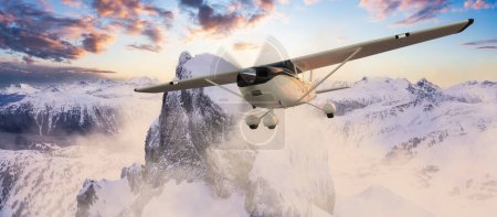 Photo for Airplane flying over Canadian Mountain Landscape. Adventure Travel Concept. 3d Rendering Plane. Aerial View from Squamish, BC, Canada. - Royalty Free Image