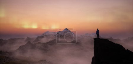 Téléchargez les photos : Adventure Man au sommet du paysage des montagnes Rocheuses. Nature Contexte. Ciel nuageux au crépuscule avec étoiles et aurores boréales. 3d Rendu. Illustration 3D - en image libre de droit