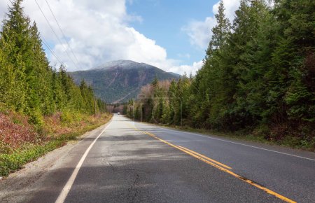 Foto de Camino panorámico con árboles verdes y montañas en el fondo. Pacific Rim Hwy a Tofino, Isla Vancouver, Columbia Británica, Canadá. - Imagen libre de derechos