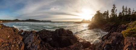 Photo for Rocky Shore on West Coast of Pacific Ocean in Tofino. Cox Bay in Vancouver Island, British Columbia, Canada. Sunset Sky. Nature Panorama - Royalty Free Image