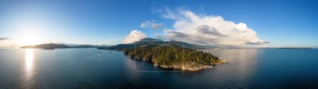 Lighthouse Park in West Vancouver, British Columbia, Canada. Aerial Panoramic Background. Sunny Cloudy Sunset Sky