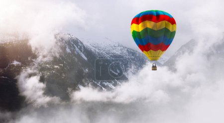 Hot Air Balloon flying by the Canadian Mountain Landscape. 3d Rendering Adventure Composite. Background from Squamish, BC, Canada.