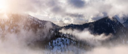 Téléchargez les photos : Arbres verts au sommet du paysage montagneux canadien couvert de nuages. Vue Aérienne près de Vancouver, BC, Canada. - en image libre de droit