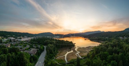Photo for Residential Neighborhood and Park in Suburban City. Port Moody, Vancouver, BC, Canada. Aerial. Sunset Sky - Royalty Free Image