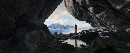 Photo for Adventurous Man Standing in cave on top of Mountain. Extreme Adventure Composite. 3d Rendering Peak. Background Aerial Image from British Columbia, Canada. - Royalty Free Image