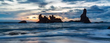 Téléchargez les photos : Côte rocheuse sur la côte ouest de l'océan Pacifique. Washington, USA. Nature Contexte. Coucher de soleil - en image libre de droit