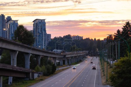 Photo for Lougheed Highway during Golden Sunset. Burnaby, Vancouver, BC, Canada. Modern City - Royalty Free Image