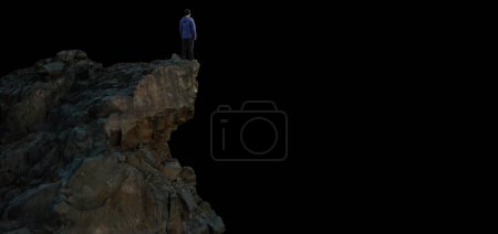 Téléchargez les photos : Epic Adventure Composite of Man Randonneur au sommet d'une montagne rocheuse. 3d Crête de rendu. Coupe PNG. Concept de liberté. - en image libre de droit
