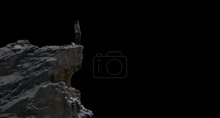 Téléchargez les photos : Epic Adventure Composite of Woman Randonneur au sommet d'une montagne rocheuse. 3d Crête de rendu. Coupe PNG. Concept de liberté. - en image libre de droit