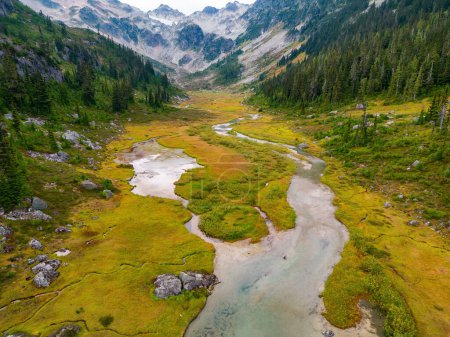 Foto de Vista aérea del río en vibrantes prados verdes en el paisaje montañoso canadiense. Columbia Británica, Canadá. Antecedentes. - Imagen libre de derechos