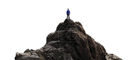 Téléchargez les photos : Aventure Homme Randonneur debout sur le sommet de Mountain Peak. Découpe sur fond blanc. Rendu 3d - en image libre de droit