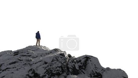 Photo for Adventure Man Hiker standing on top of Mountain Peak. Cutout on White Background. 3d Rendering - Royalty Free Image
