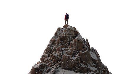 Photo for Adventure Man Hiker standing on top of Mountain Peak. Cutout on White Background. 3d Rendering - Royalty Free Image