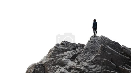 Foto de Mujer aventura excursionista de pie en la cima del pico de la montaña. Recorte de fondo blanco. Renderizado 3d - Imagen libre de derechos