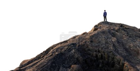 Foto de Adventure Man Hiker de pie en la cima del pico de la montaña. Recorte de fondo blanco. Renderizado 3d - Imagen libre de derechos