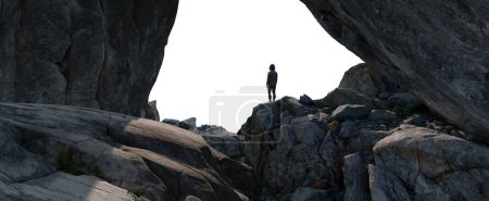 Photo for Adventure Woman Hiker standing on top of Mountain Peak. Cutout on White Background. 3d Rendering - Royalty Free Image