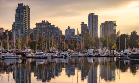 Téléchargez les photos : Centre-ville de Vancouver, Colombie-Britannique, Canada. Bâtiments de Moder City dans le parc Stanley. Coucher de soleil. - en image libre de droit