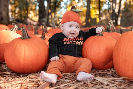 Photo for Baby boy toddler sitting with pumpkins outside in fall season. British Columbia, Canada. - Royalty Free Image