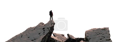 Téléchargez les photos : Aventure Homme Randonneur debout sur le sommet de Mountain Peak. Neige. Découpe sur fond blanc. Rendu 3d - en image libre de droit