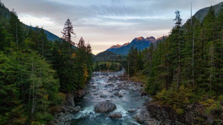 Photo for Rocks, Trees and River with Mountains in Background. Colorful Sunrise. Vancouver Island, British Columbia, Canada. - Royalty Free Image