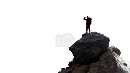 Foto de Adventure Man Hiker de pie en la cima del pico de la montaña. Recorte de fondo blanco. Renderizado 3d - Imagen libre de derechos