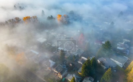 Téléchargez les photos : Les rues du quartier et les maisons couvertes de brouillard. Quartier résidentiel de la ville. Vue Aérienne. BC, Canada. - en image libre de droit