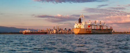 Ship in the Port with downtown city in background. Vancouver, British Columbia, Canada. Panorama Background