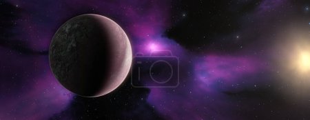 Téléchargez les photos : Scène spatiale colorée de science-fiction avec planète extraterrestre et nébuleuse. 3d rendu oeuvre d'art. - en image libre de droit