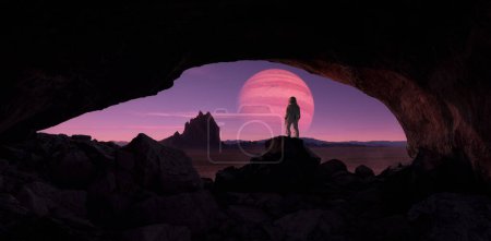 Astronaut standing in cave with Sci-fi Scene of Alien Planet Rocky Terrain with Background Jupiter planet. 3d Rendering Artwork.
