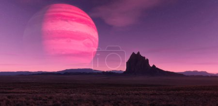 Téléchargez les photos : Scène de science-fiction de la planète extraterrestre Terrain rocheux avec fond Jupiter planète. Création de rendu 3d. Nouveau-Mexique, États-Unis - en image libre de droit