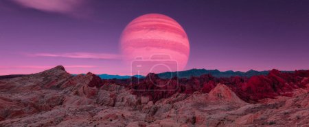 Foto de Escena de ciencia ficción del Planeta Extraterrestre Terreno rocoso con Antecedentes Planeta Júpiter. Primer plano del Valle del Fuego, Estados Unidos - Imagen libre de derechos