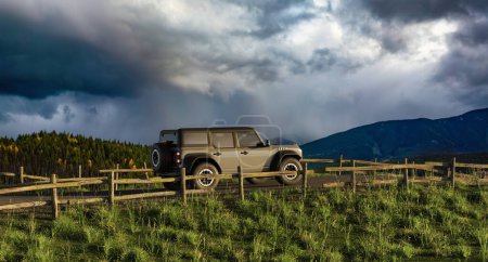 Téléchargez les photos : Ford Bronco Raptor sur une route avec paysage montagneux rocheux en arrière-plan. 3d Véhicule de rendu. - en image libre de droit