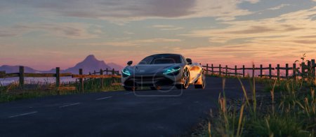Téléchargez les photos : McLaren 720S Voiture de sport de luxe sur une route avec paysage montagneux rocheux en arrière-plan. 3d Rendu. Coucher de soleil. - en image libre de droit
