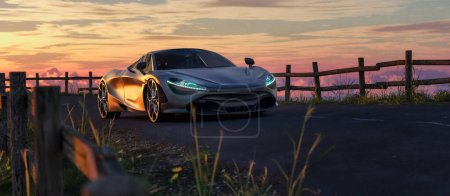 Photo for McLaren 720S Luxury Sports Car on a road with rocky mountain landscape in background. 3d Rendering. Sunset sky. - Royalty Free Image
