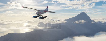 Photo for Airplane flying over mountains, lakes, and clouds. Sunny Day. 3d Rendering. - Royalty Free Image